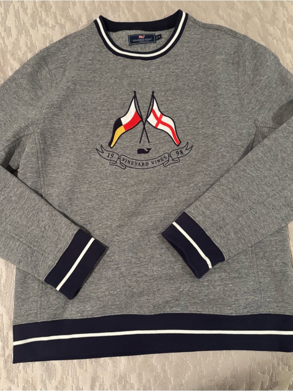 Vineyard Vines Grey Crewneck Sweater with Navy & White Trim